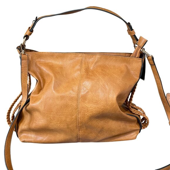 Le Miel Vegan Leather Tote Crossbody Bag Cognac Brown Large Braided Strap - Picture 11 of 14